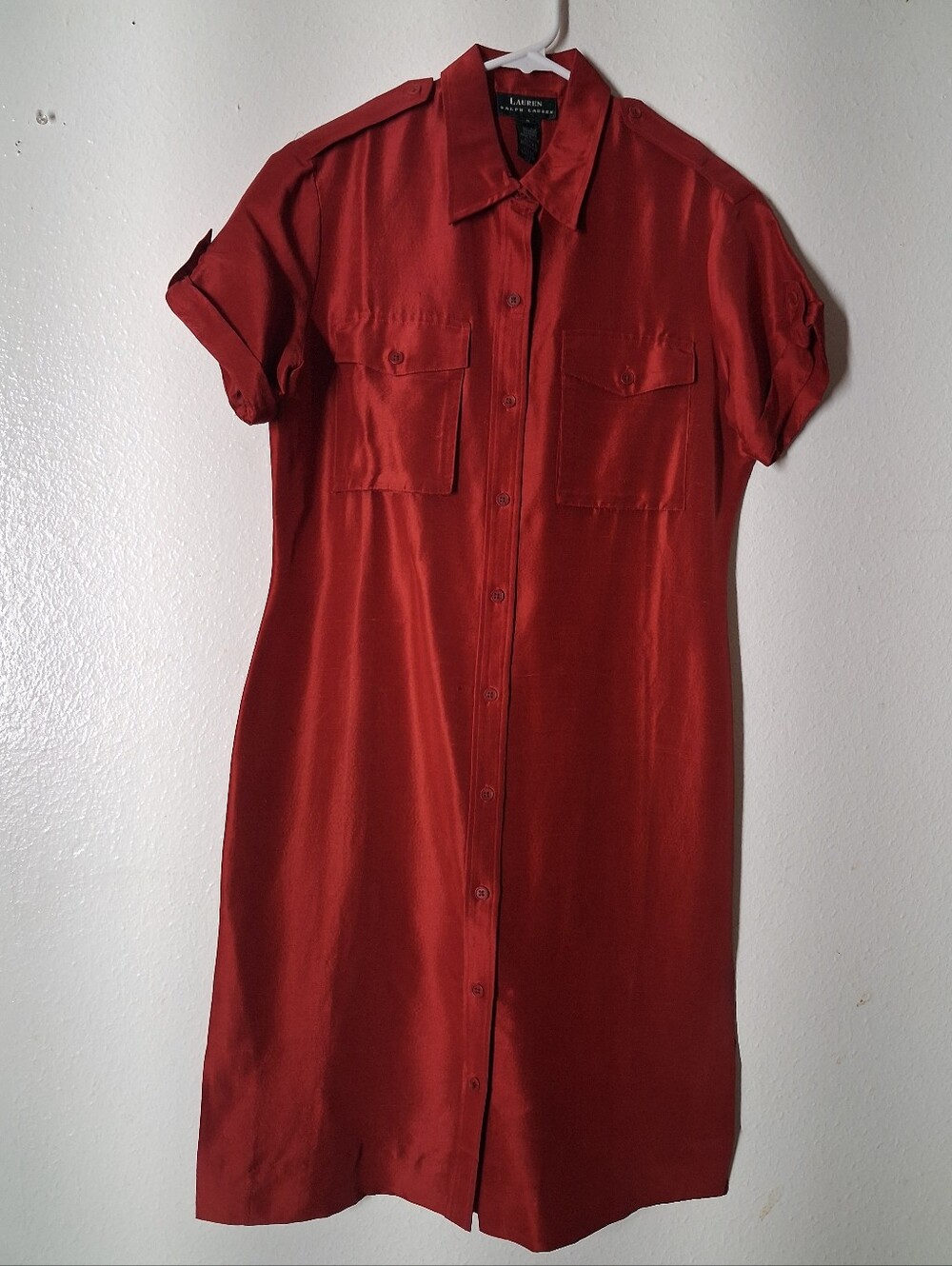 Ralph Lauren Red 100% Silk Shirt Dress Size 6 Button Front Short Sleeve Side Sli